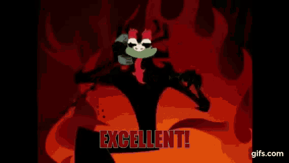 a cartoon character is standing in the middle of a fire with the words `` excellent '' written on it .