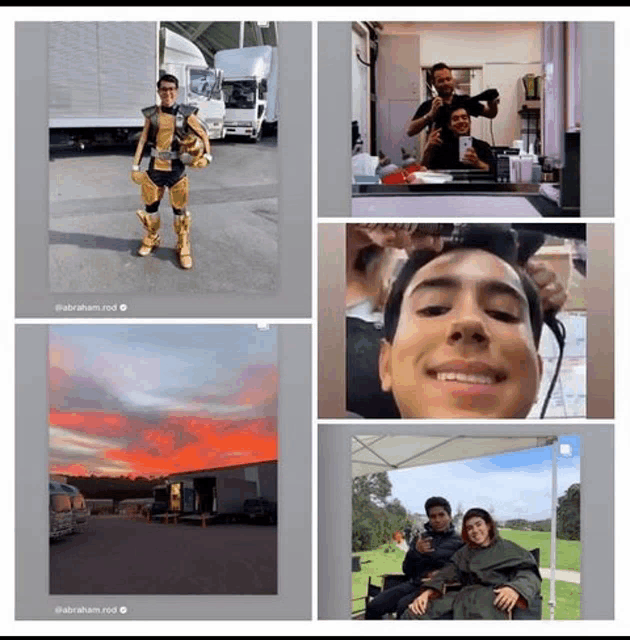 a collage of photos shows a man in a robot costume standing in front of a truck .