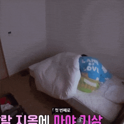 a bed with a blue blanket that says " land of love " on it