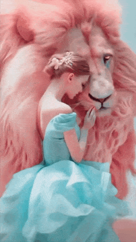 a woman in a blue dress sits next to a pink lion