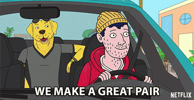 a cartoon of a man driving a car with a dog sitting in the back seat .