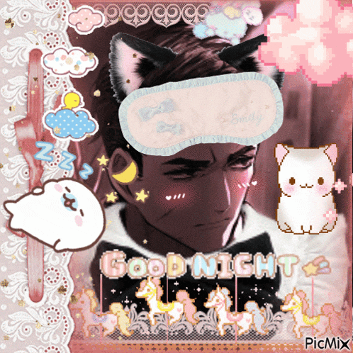 a pixel art of a man wearing a sleep mask with the words good night written on it