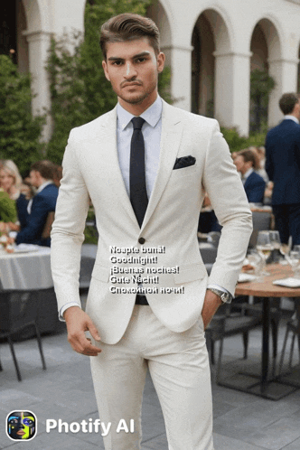 a man in a white suit and tie is standing in front of a table