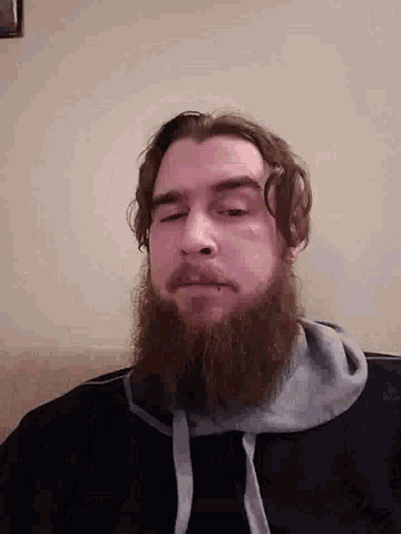 a man with a beard and long hair is wearing a black hoodie and looking at the camera .