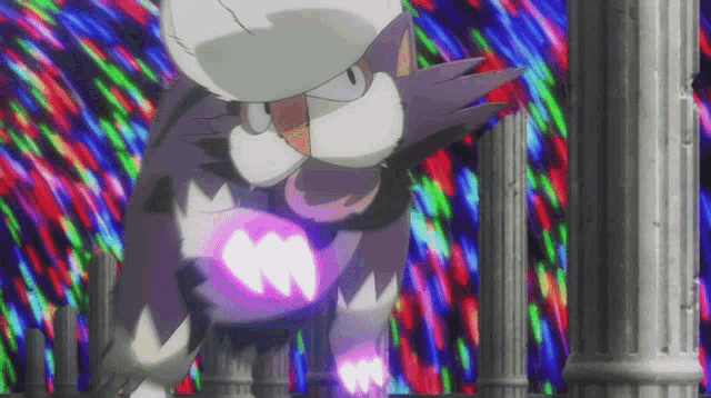 a cartoon character with a purple heart on its chest stands in front of a colorful background