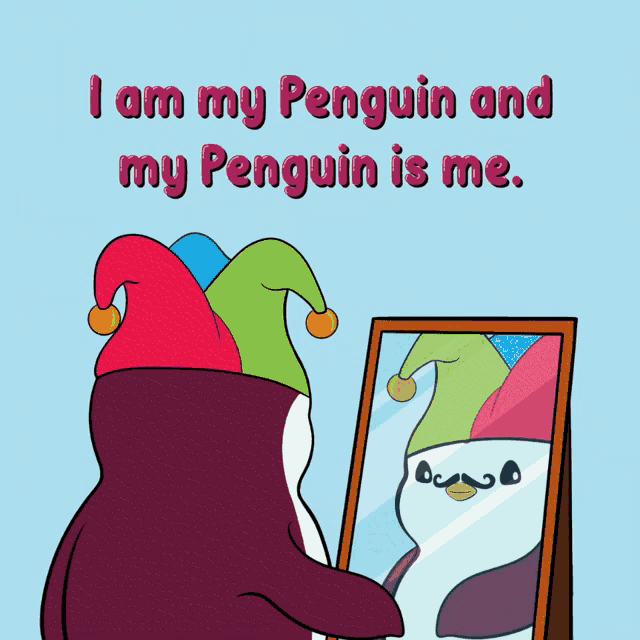 a penguin in a jester hat is looking at itself in the mirror