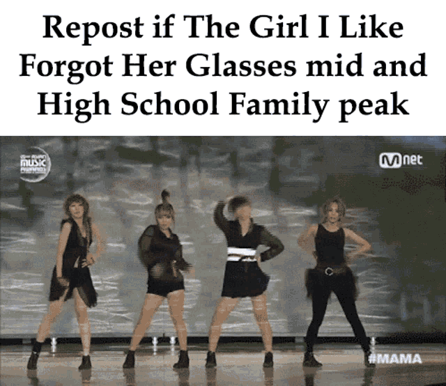 a group of girls are dancing in front of a sign that says repost if the girl i like forgot her glasses