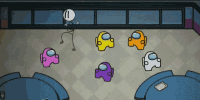 a cartoon of a man standing next to a bunch of colorful among us characters