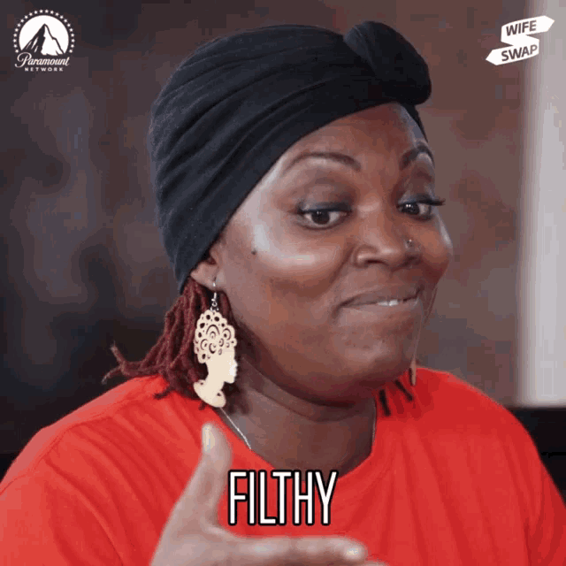 a woman wearing a turban and earrings says filthy in a paramount network ad
