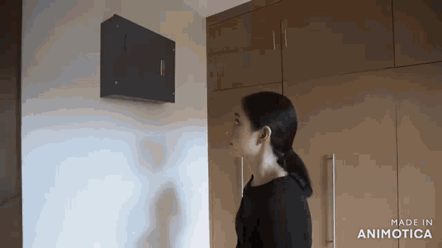 a woman is standing in front of a wall with a box on it .