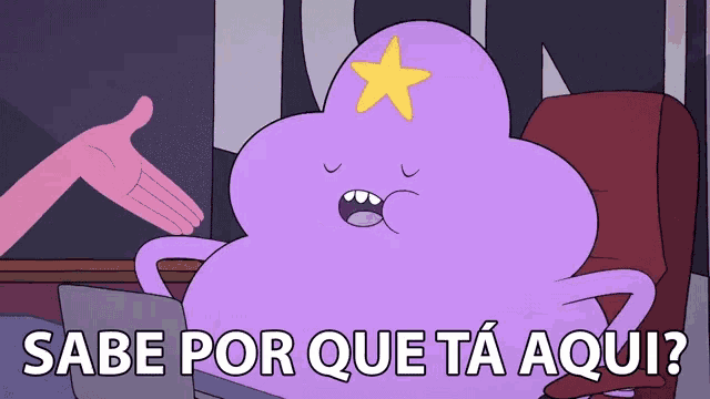 a purple cartoon character with a yellow star on its head says sabe por que ta aqui