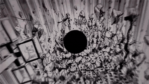 a black and white drawing of a black hole in the middle of a wall .
