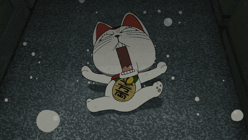 a cartoon cat is laying on the ground with chinese characters on its chest