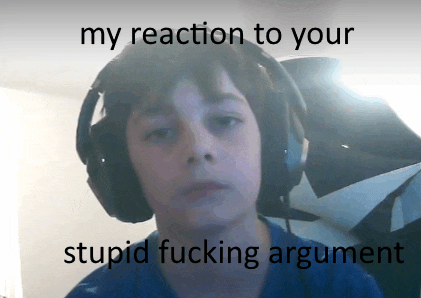 a young boy wearing headphones with a caption that says my reaction to your stupid fucking argument