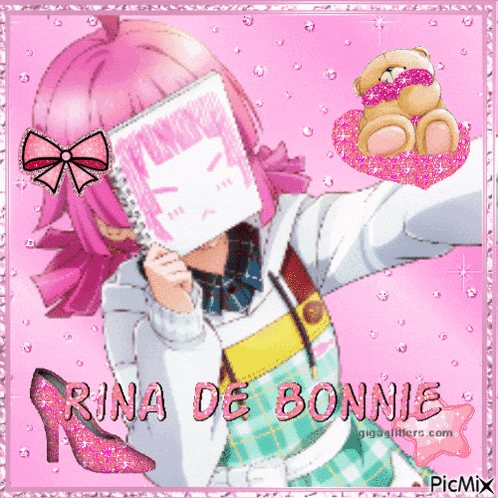 a picture of a girl with a notebook on her face and the name rina de bonnie on the bottom