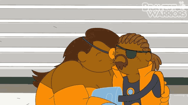 a cartoon of a man kissing another man with the words brave warriors on the bottom right