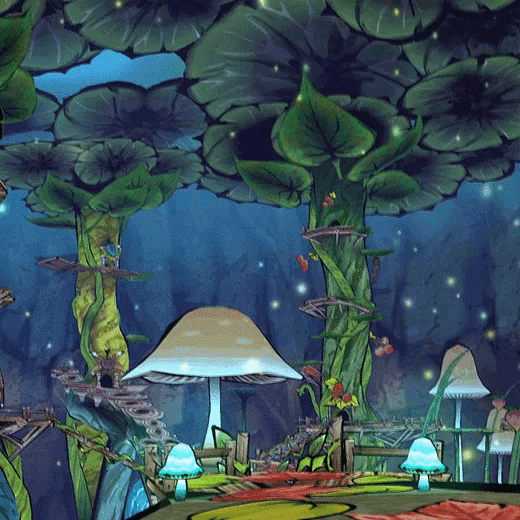 a cartoon illustration of a forest with mushrooms and leaves