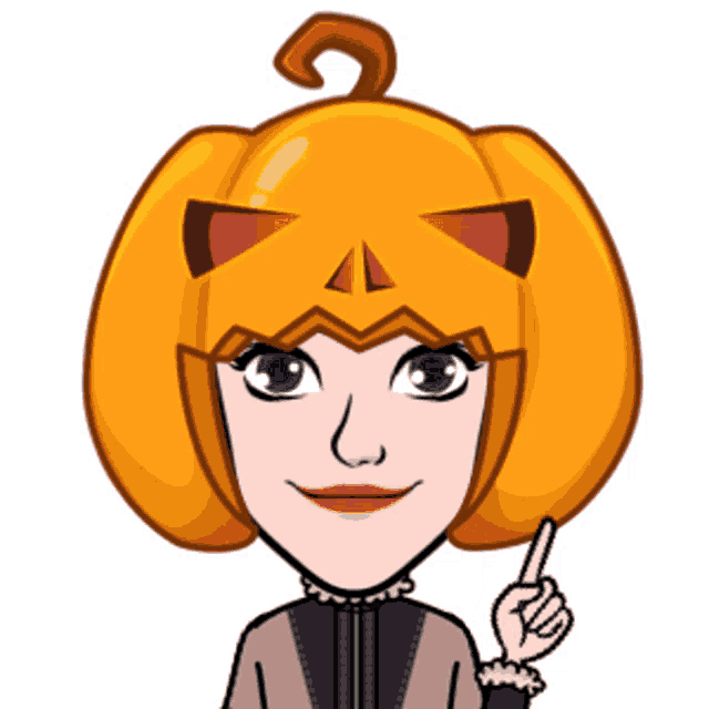a cartoon character with a pumpkin on her head points up