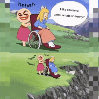a cartoon of a girl in a wheelchair with a speech bubble saying i like cardano