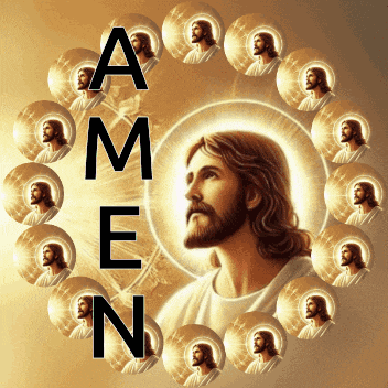 a picture of jesus is surrounded by circles with the word amen written in black