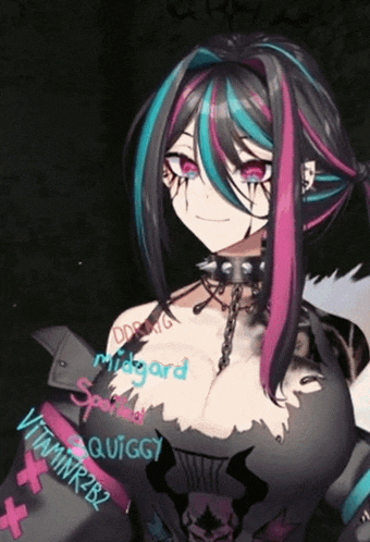 a girl with pink and blue hair is wearing a choker and a shirt that says vitaminr2b2