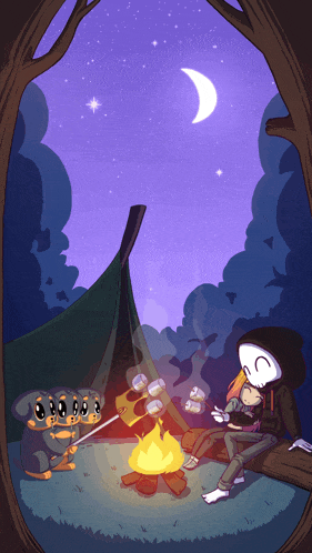 a cartoon drawing of a group of people roasting marshmallows over a campfire