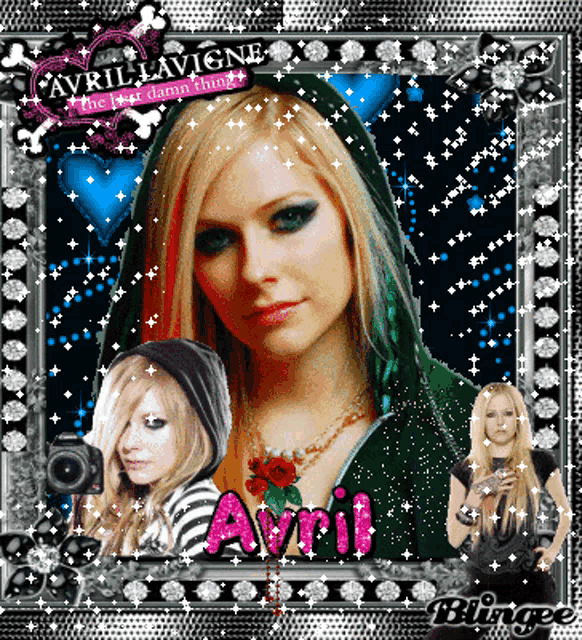 a picture of avril lavigne is surrounded by glitter and stars