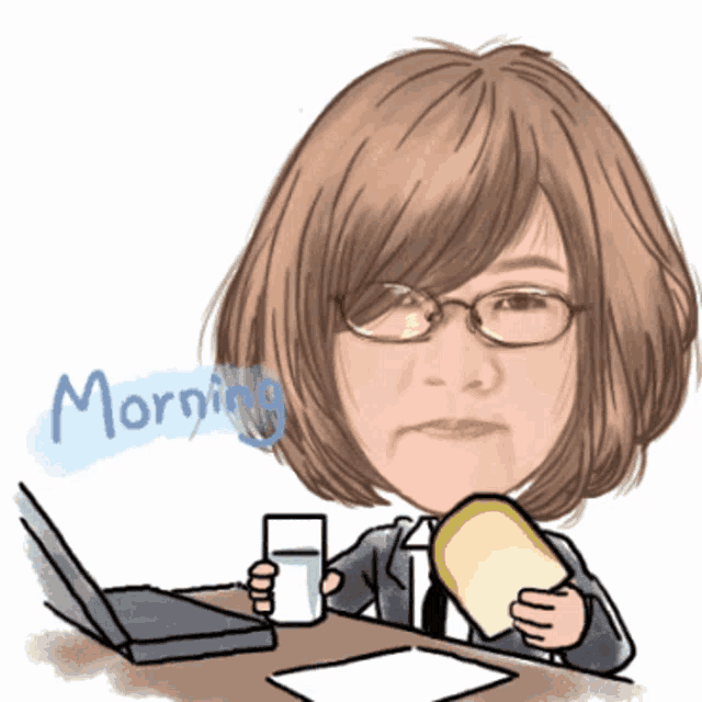 a cartoon drawing of a woman holding a glass of water and a piece of bread