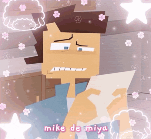 a cartoon drawing of a man with the name mike de miya on it