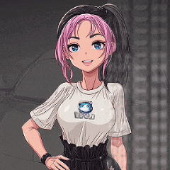 a girl with pink hair is wearing a white shirt with a cat on it