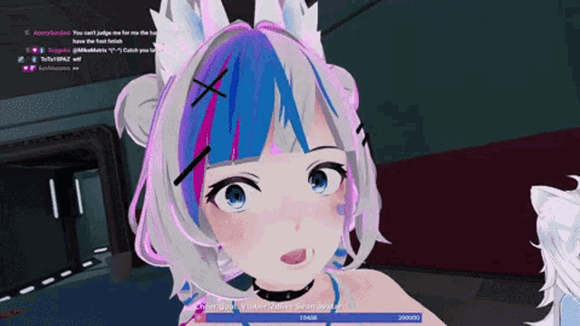 a screenshot of a video game shows a girl with blue and pink hair talking to someone
