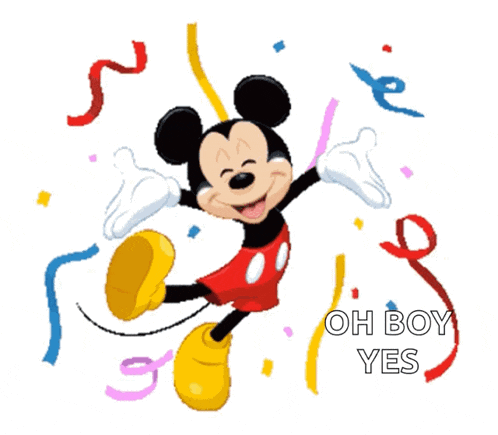 a cartoon of mickey mouse with the words oh boy yes written below him