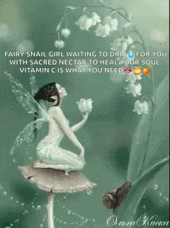 a fairy is sitting on top of a mushroom with a snail .