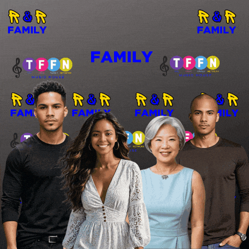 a group of people are standing in front of a wall that says r & r family