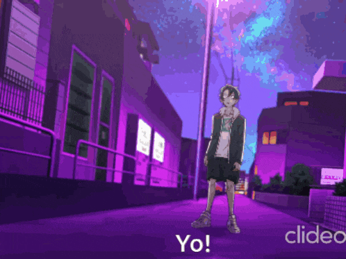 a cartoon character is standing on a purple street with the words yo on the bottom right