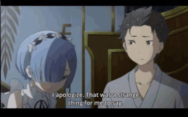 a man and a girl are standing next to each other and the girl is saying " i apologize "