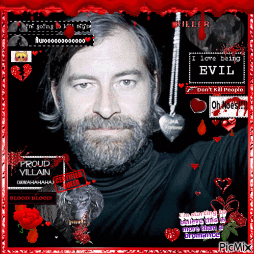 a picture of a man with a beard is surrounded by red hearts
