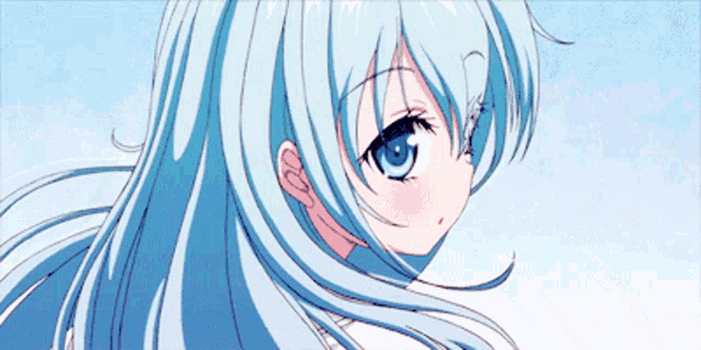a close up of a blue haired anime girl