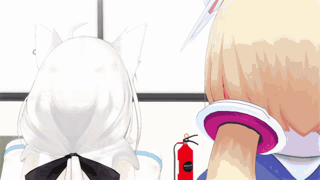 a red fire extinguisher with the word " hollister " on it is next to two anime girls