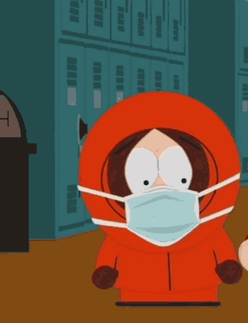 kenny from south park wearing a face mask in front of lockers