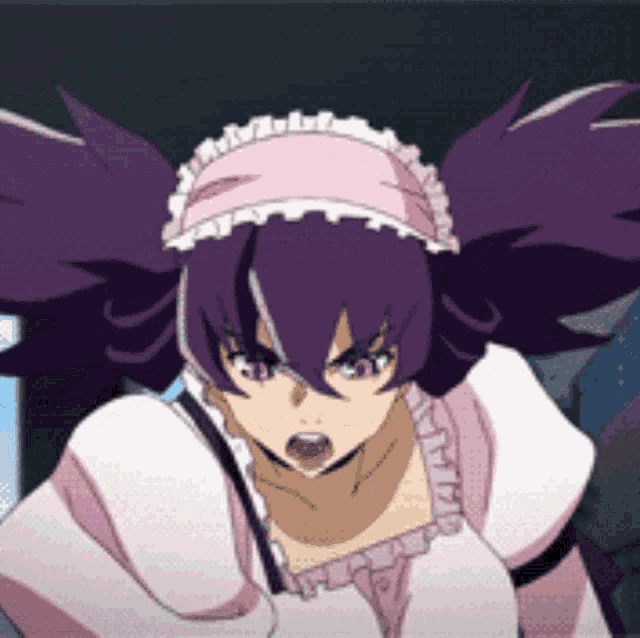 a girl with purple hair and a pink headband
