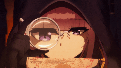 a girl with purple eyes is looking through a magnifying glass at a piece of paper that says arifureta on it