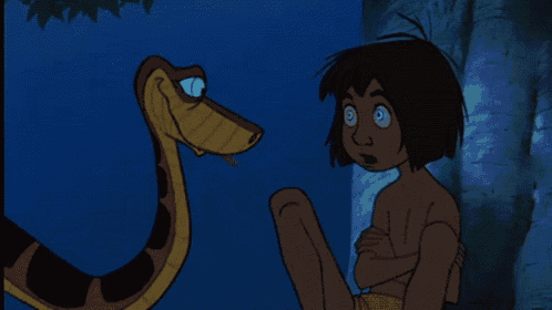 a cartoon of a boy and a snake with glowing eyes