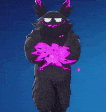 a black monster with purple flames on its arms and legs is standing on a blue background .