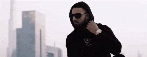a man wearing sunglasses and a hoodie with the letter r on the back