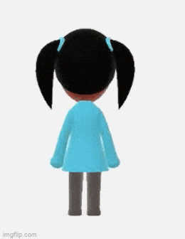 a cartoon girl wearing glasses and a blue sweater is standing on a white background .