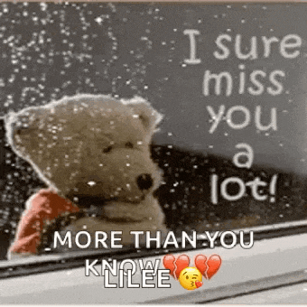 a teddy bear is sitting in front of a window with a message that says `` i sure miss you a lot ! ``