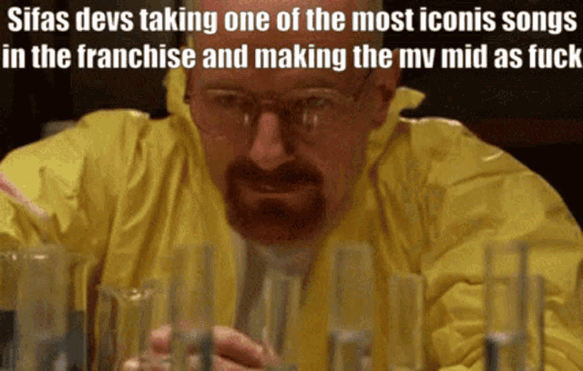 a man in a yellow jacket is looking at beakers