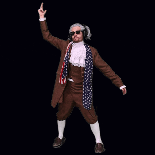 a man dressed as benjamin franklin wearing headphones and sunglasses