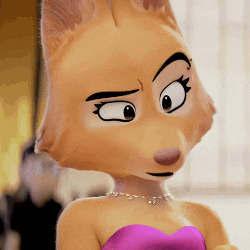 a cartoon fox wearing a pink dress and necklace
